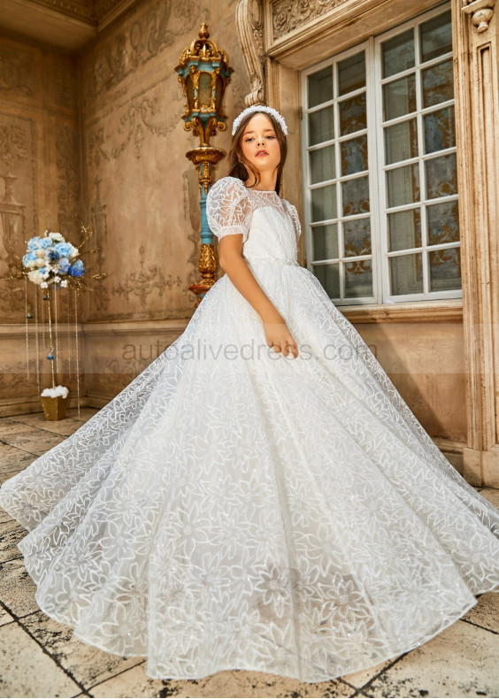 Short Puff Sleeves Beaded White Lace Glitter Flower Girl Dress